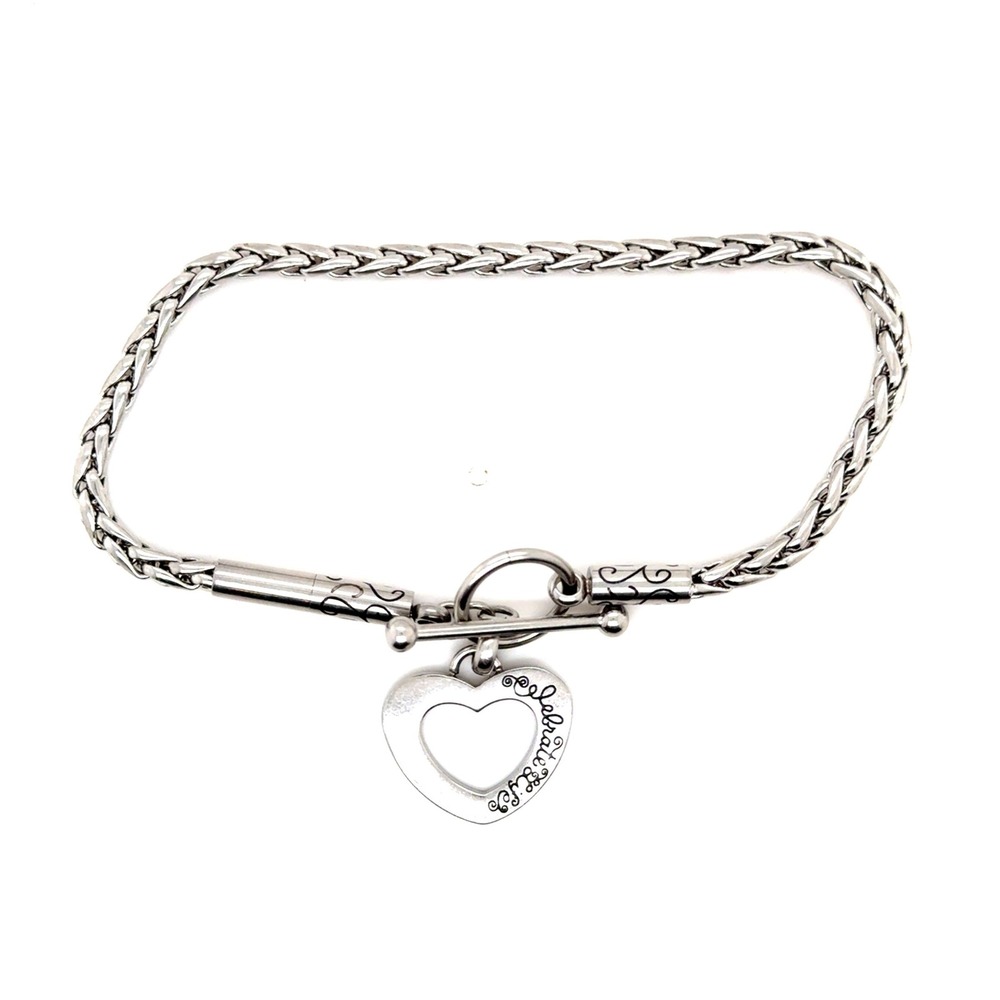 Brighton Celebrate Life Heart Charm Wheat Chain Toggle Bracelet Silver Tone